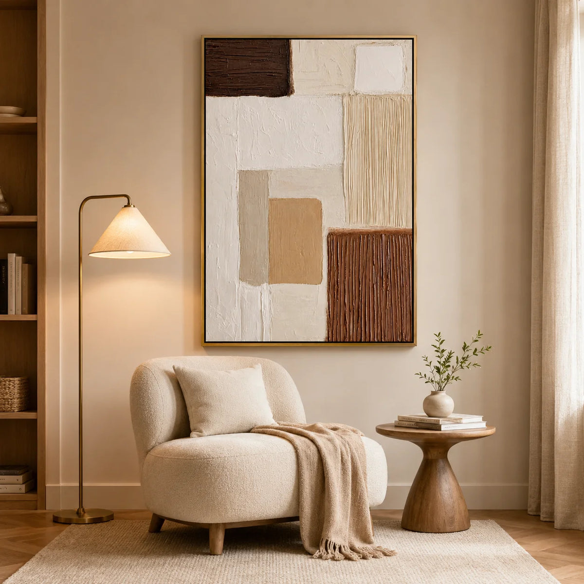 Modern Minimalist Hand-Painted Oil Painting | Beige Brown Textured Abstract Wall Art for Living Room, Bedroom & Entryway