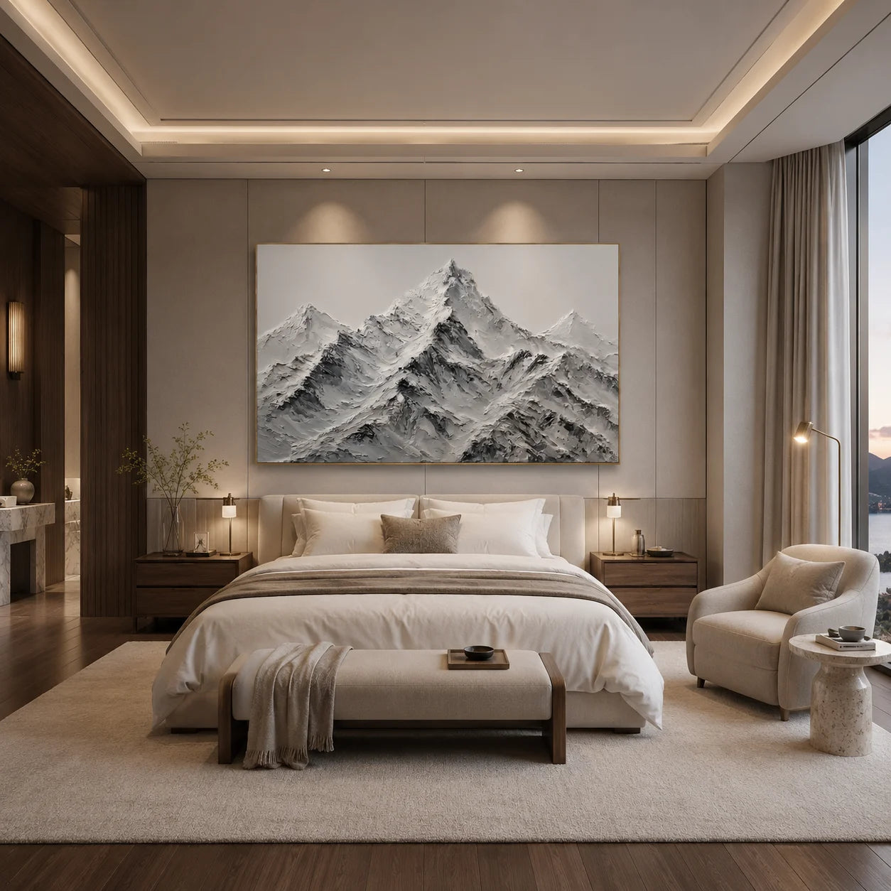 Modern Snow Mountain Hand-Painted Oil Painting | Black White Gray Textured Mountain Landscape Wall Art # OA 1073