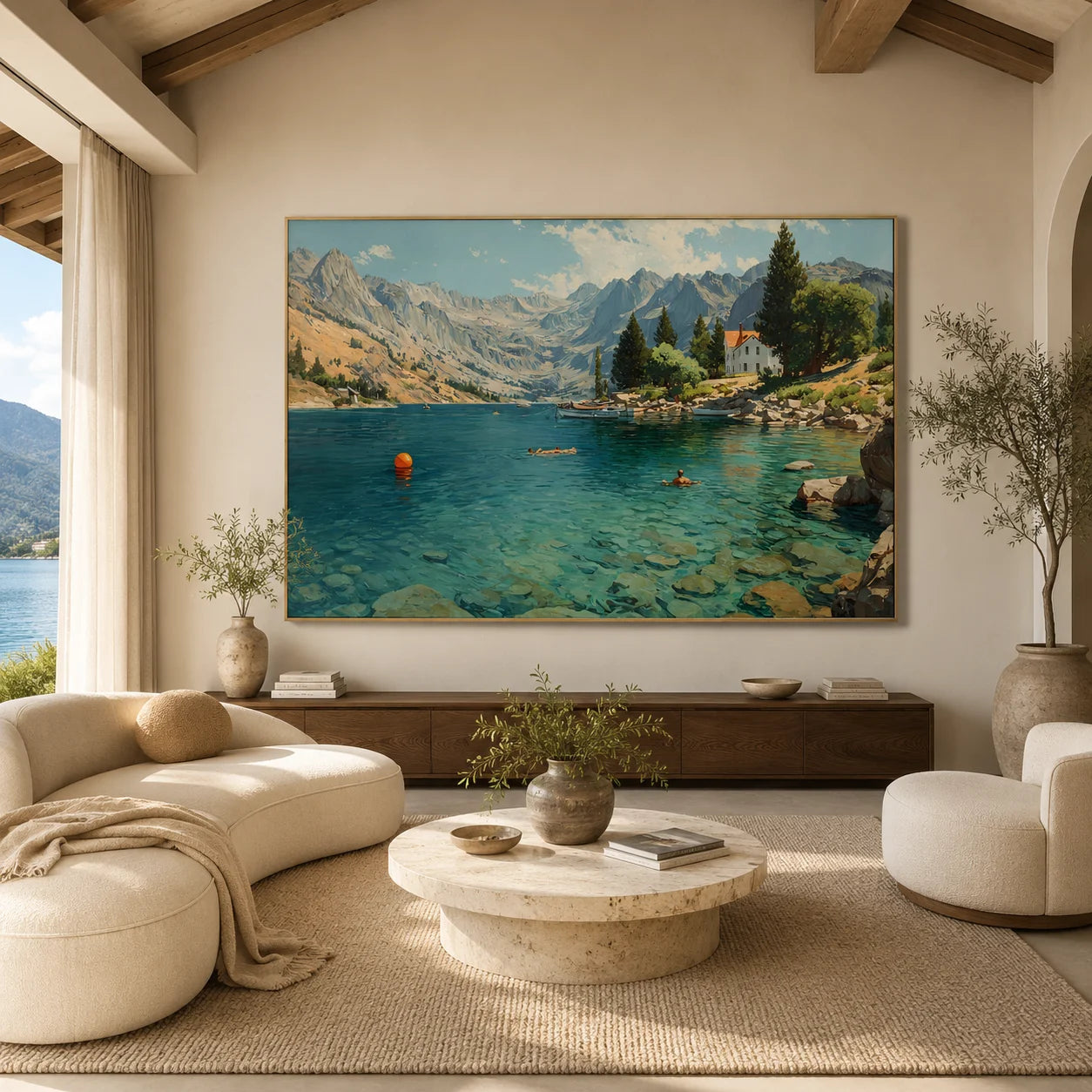 Mountain Lake Landscape Hand-Painted Oil Painting, Alpine Scenic Wall Art for Living Room Decor # OA 1043