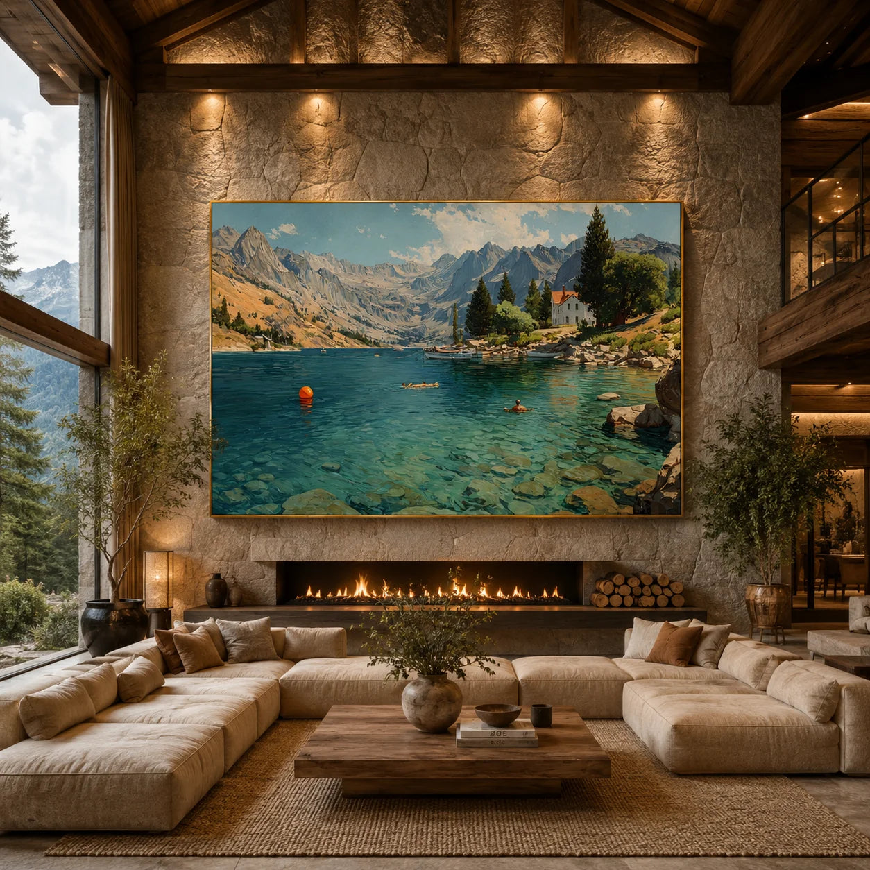 Mountain Lake Landscape Hand-Painted Oil Painting, Alpine Scenic Wall Art for Living Room Decor # OA 1043