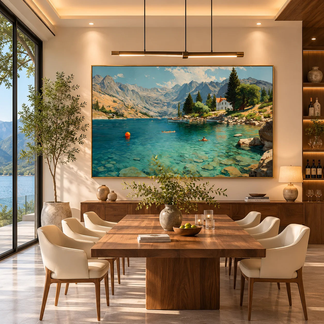 Mountain Lake Landscape Hand-Painted Oil Painting, Alpine Scenic Wall Art for Living Room Decor # OA 1043