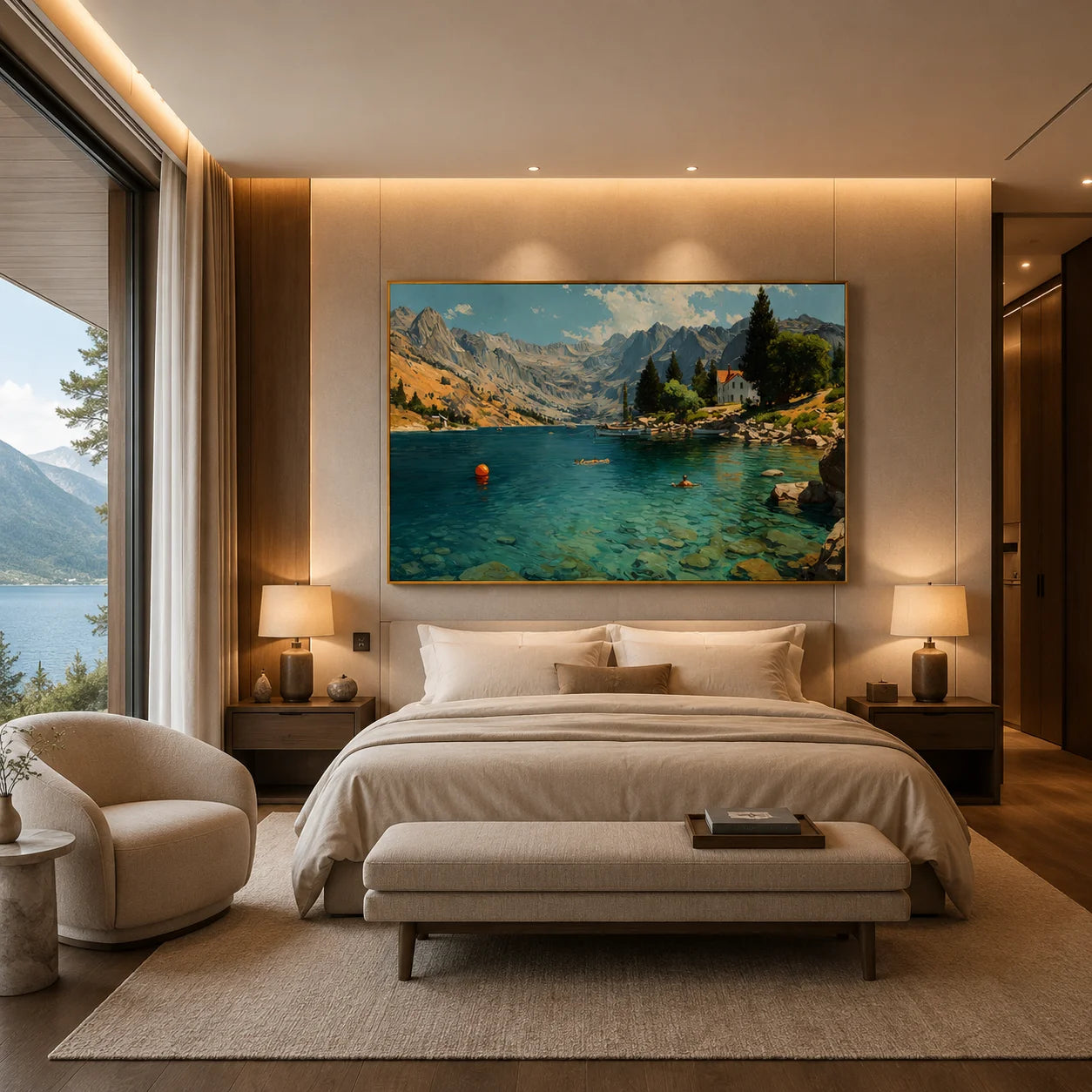 Mountain Lake Landscape Hand-Painted Oil Painting, Alpine Scenic Wall Art for Living Room Decor # OA 1043