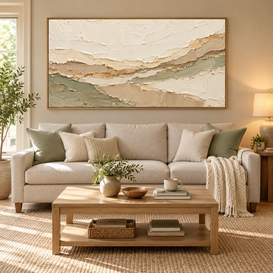 Ownanart Neutral Abstract Landscape Oil Painting – Hand-Painted Cream, Beige and Sage Green Textured Wall Art #OA 1410