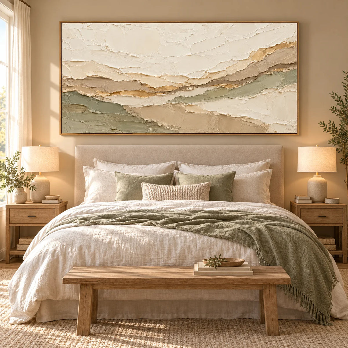 Ownanart Neutral Abstract Landscape Oil Painting – Hand-Painted Cream, Beige and Sage Green Textured Wall Art
