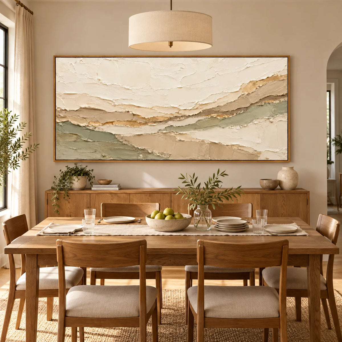 Ownanart Neutral Abstract Landscape Oil Painting – Hand-Painted Cream, Beige and Sage Green Textured Wall Art