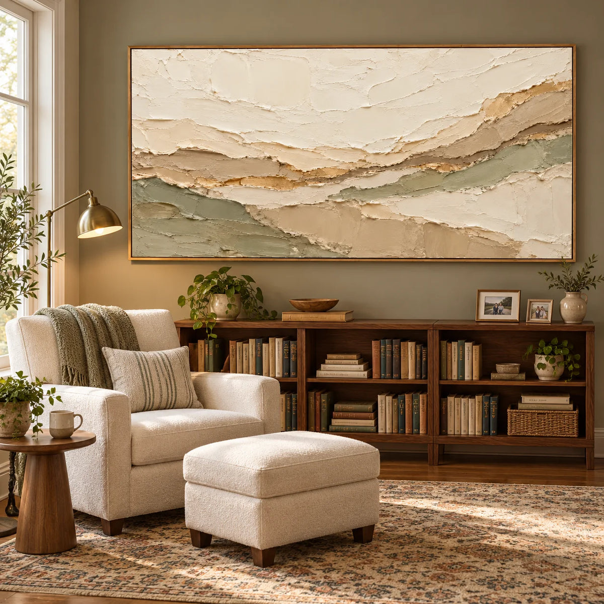 Ownanart Neutral Abstract Landscape Oil Painting – Hand-Painted Cream, Beige and Sage Green Textured Wall Art