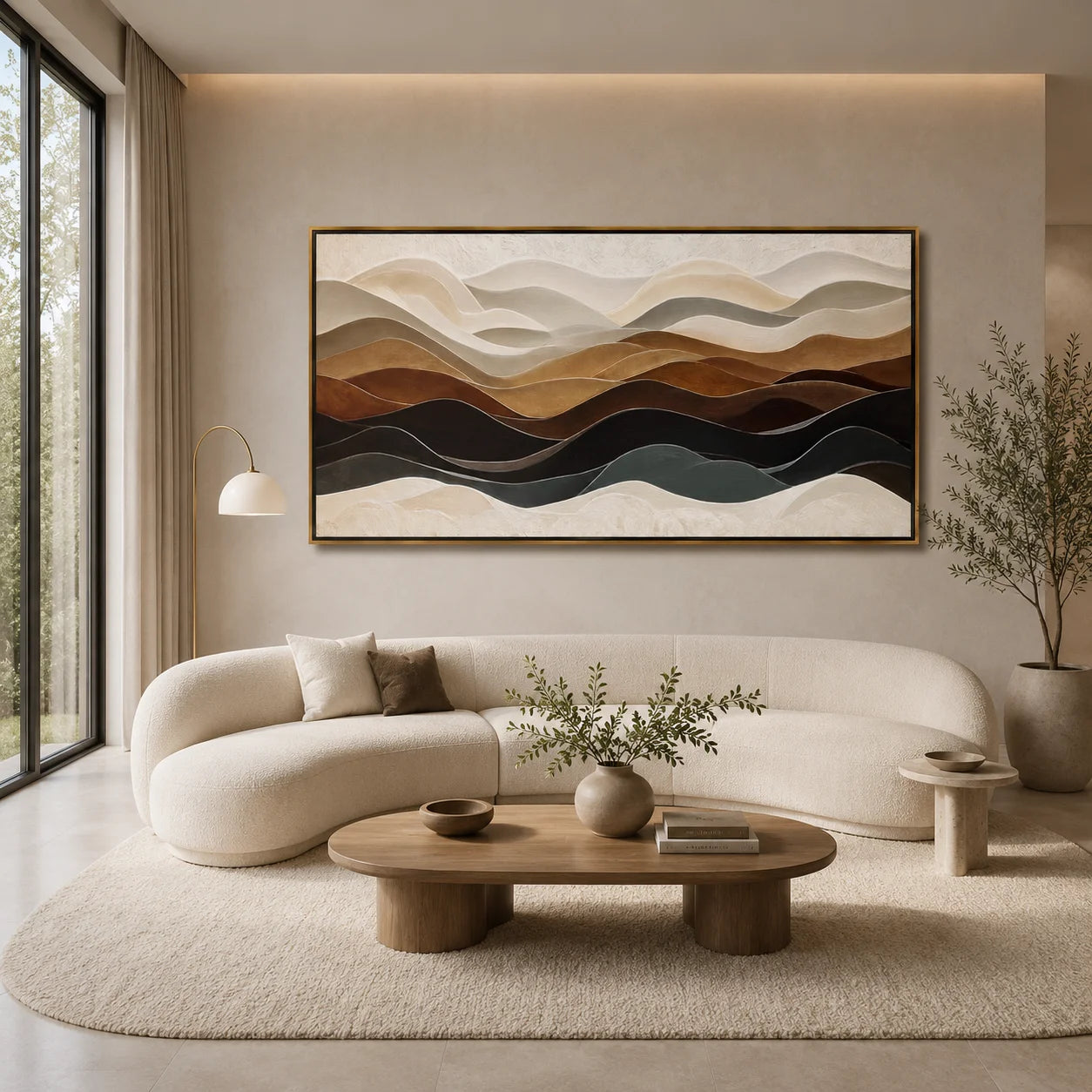 Neutral Abstract Landscape Oil Painting, Hand-Painted Layered Mountain Wall Art for Modern Home Decor#OA 1001