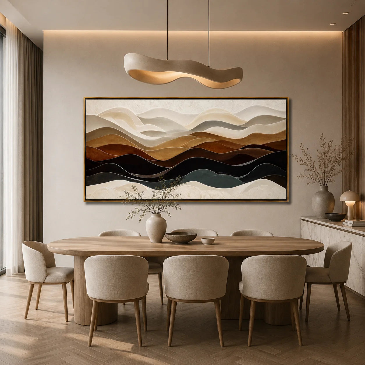 Neutral Abstract Landscape Oil Painting, Hand-Painted Layered Mountain Wall Art for Modern Home Decor#OA 1001