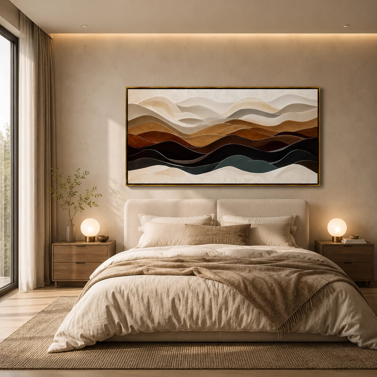 Neutral Abstract Landscape Oil Painting, Hand-Painted Layered Mountain Wall Art for Modern Home Decor#OA 1001