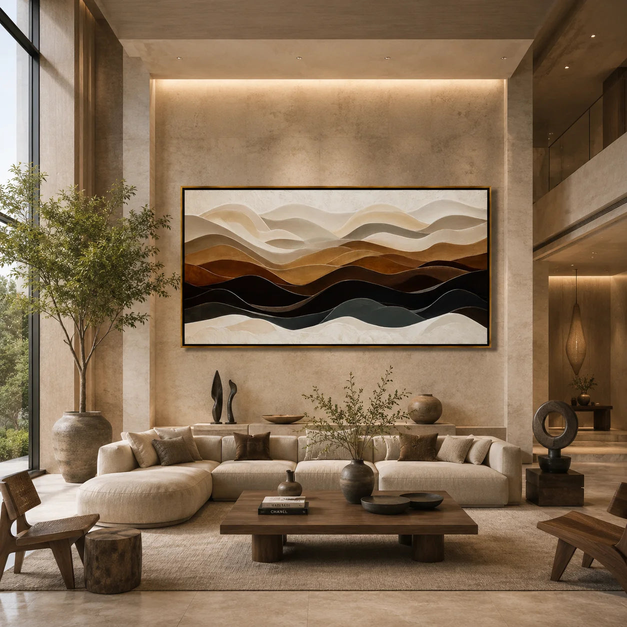 Neutral Abstract Landscape Oil Painting, Hand-Painted Layered Mountain Wall Art for Modern Home Decor#OA 1001