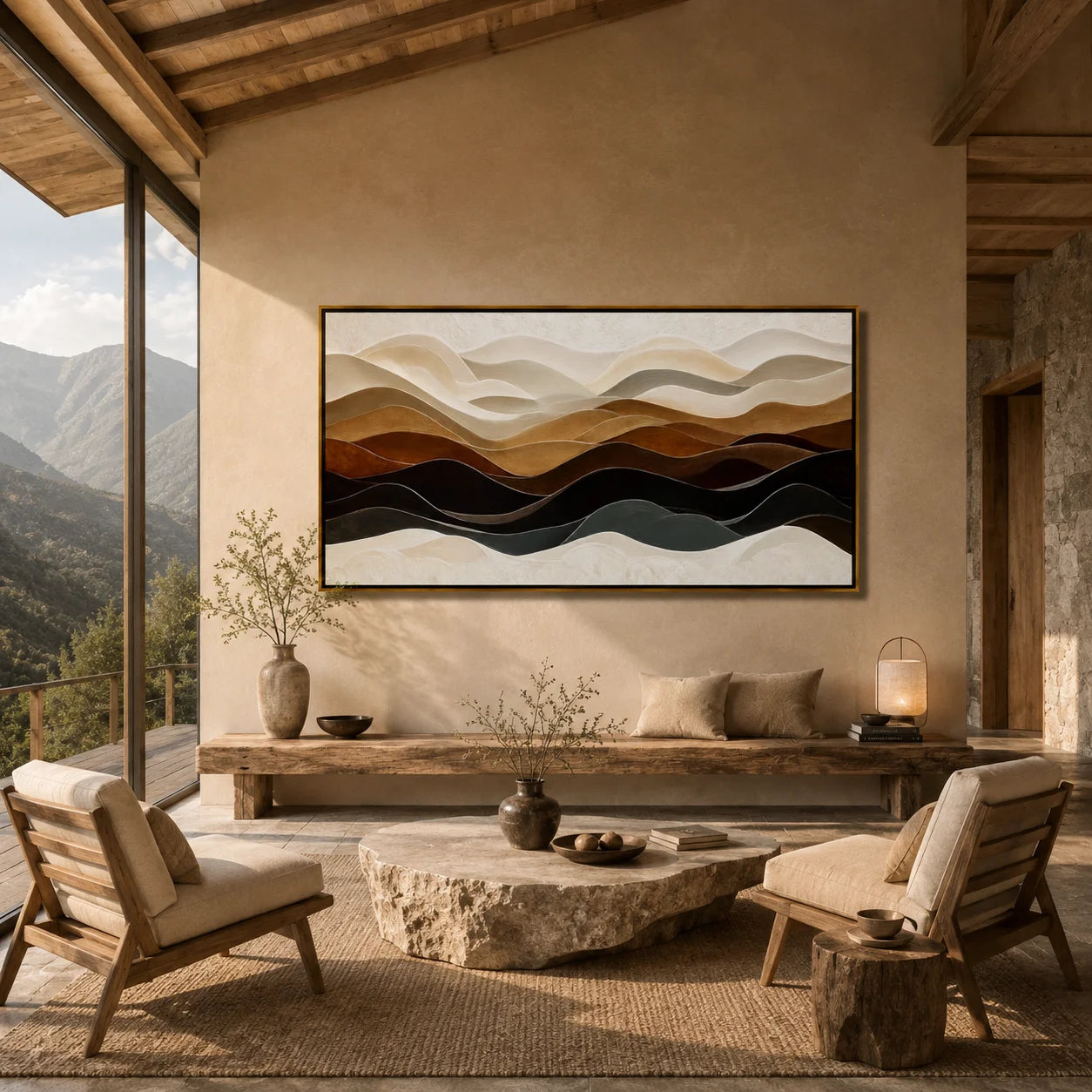 Neutral Abstract Landscape Oil Painting, Hand-Painted Layered Mountain Wall Art for Modern Home Decor#OA 1001