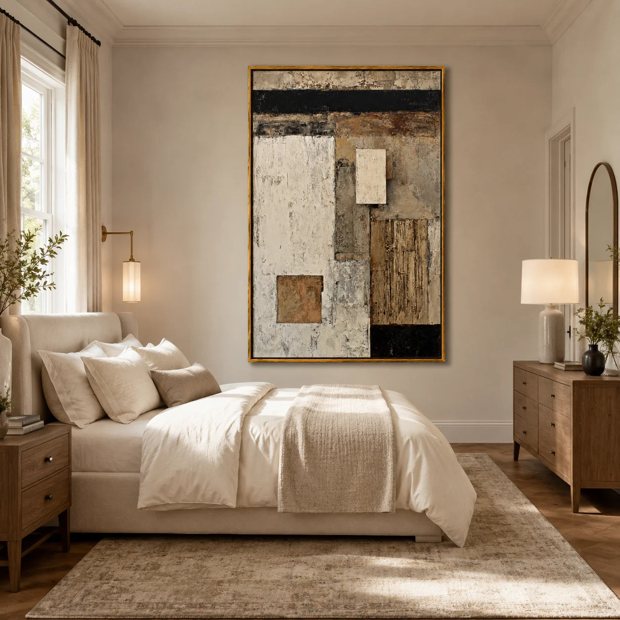 Neutral Geometric Abstract Oil Painting, Hand-Painted Textured Wall Art for Modern Rustic Home Decor#OA 0997