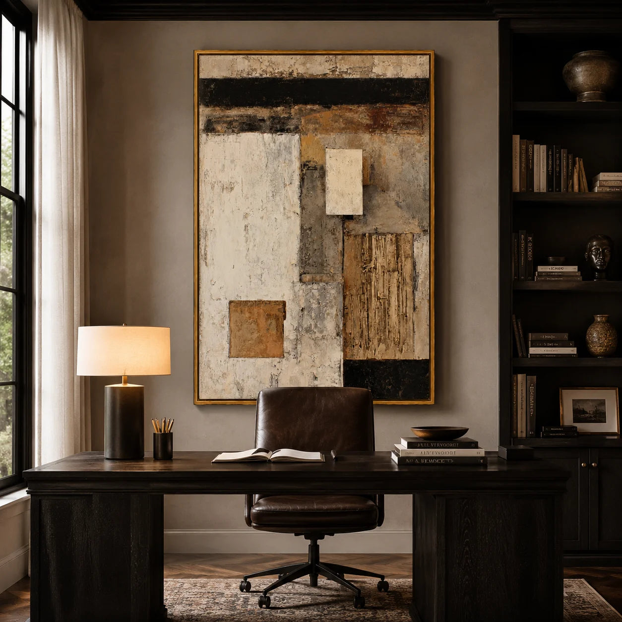 Neutral Geometric Abstract Oil Painting, Hand-Painted Textured Wall Art for Modern Rustic Home Decor#OA 0997