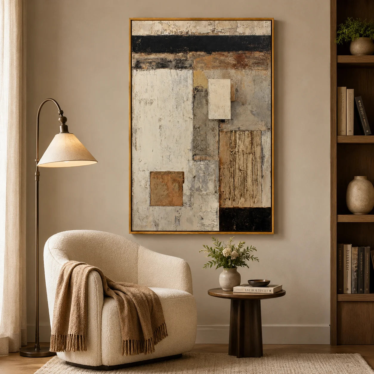 Neutral Geometric Abstract Oil Painting, Hand-Painted Textured Wall Art for Modern Rustic Home Decor#OA 0997