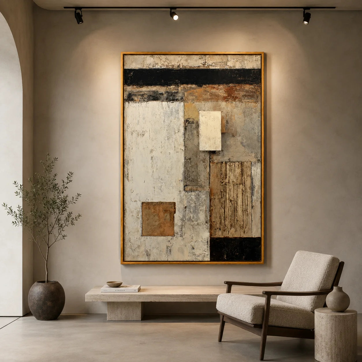 Neutral Geometric Abstract Oil Painting, Hand-Painted Textured Wall Art for Modern Rustic Home Decor#OA 0997