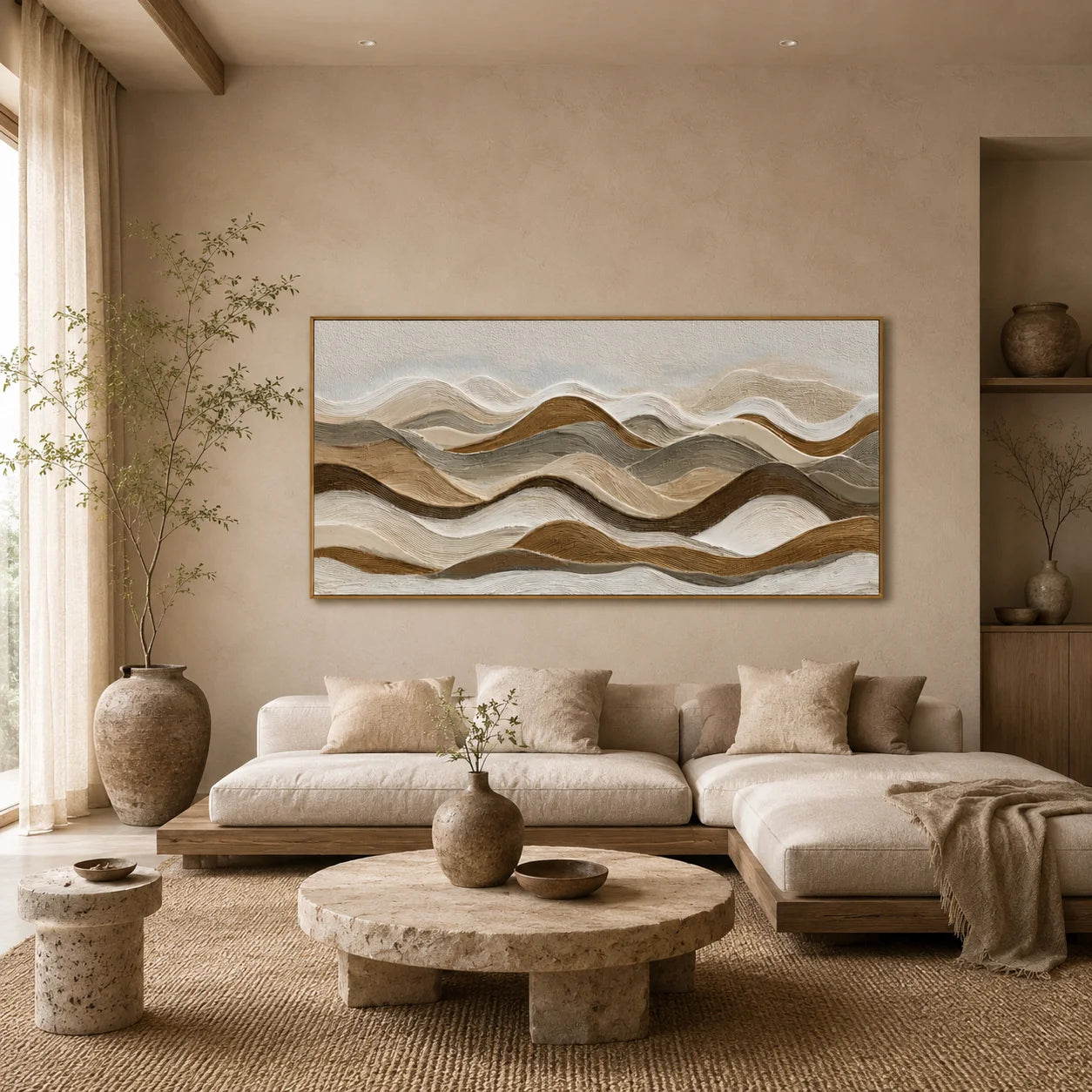 Neutral Textured Mountain Landscape Hand-Painted Oil Painting | Horizontal Modern Abstract Wall Art for Wabi-Sabi Cream Decor#OA 1019