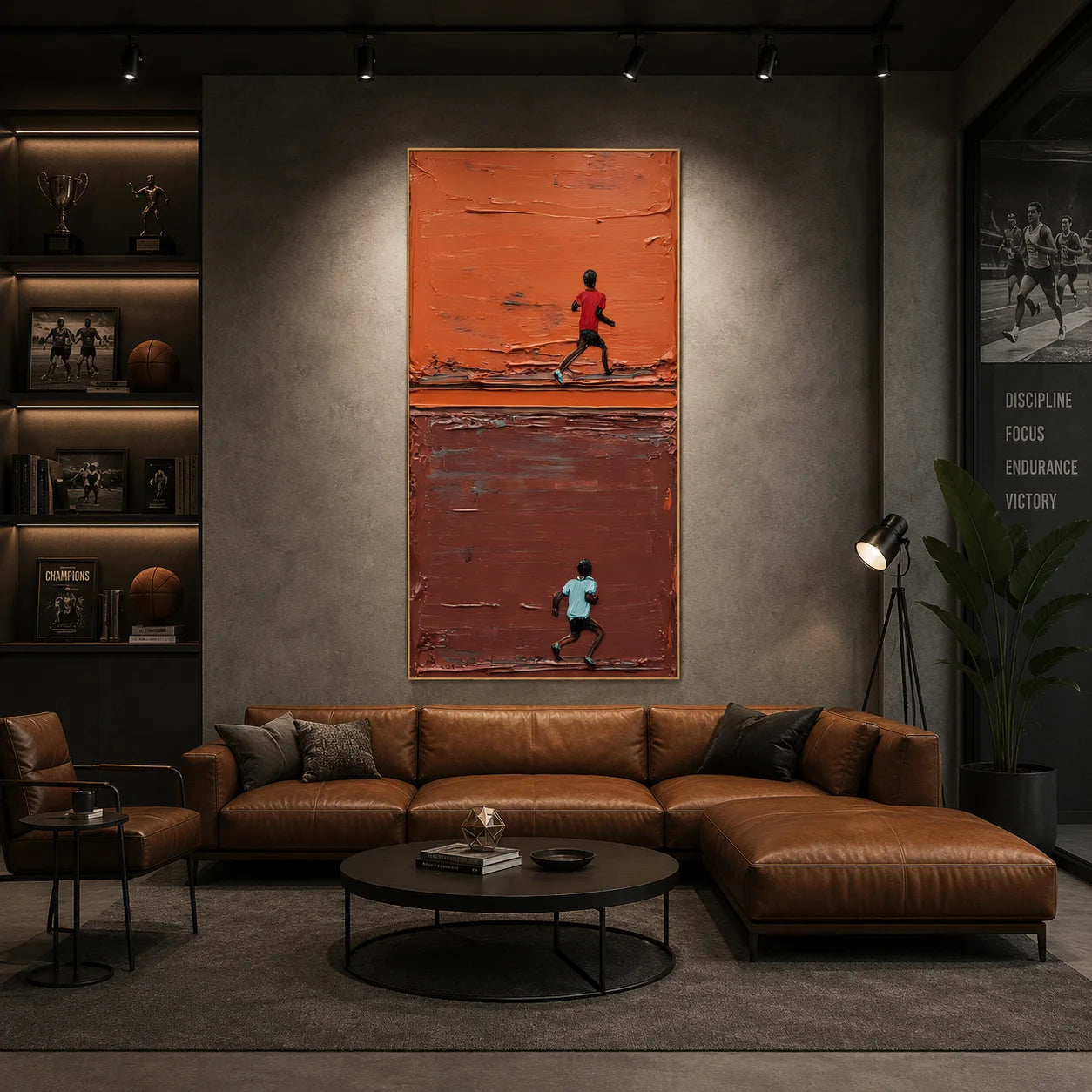 Orange Brown Running Figure Hand-Painted Oil Painting | Modern Abstract Sport Figure Wall Art # OA 1028