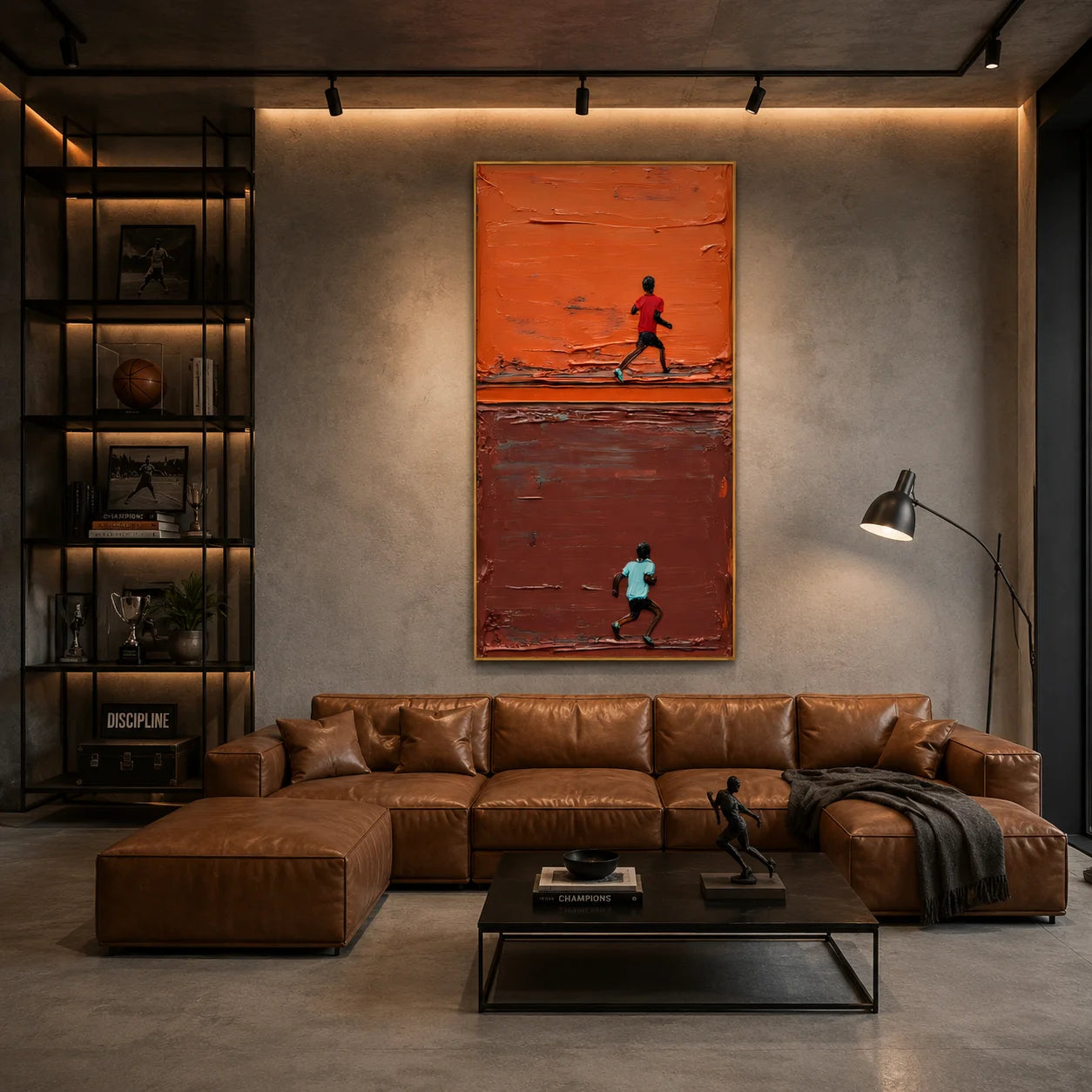 Orange Brown Running Figure Hand-Painted Oil Painting | Modern Abstract Sport Figure Wall Art # OA 1028