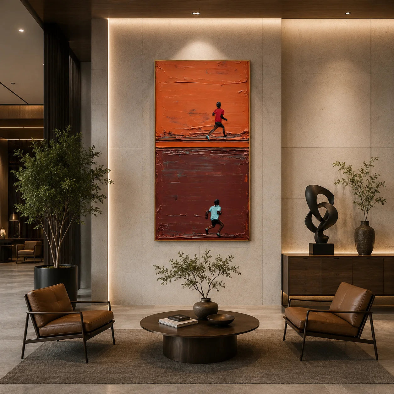Orange Brown Running Figure Hand-Painted Oil Painting | Modern Abstract Sport Figure Wall Art # OA 1028