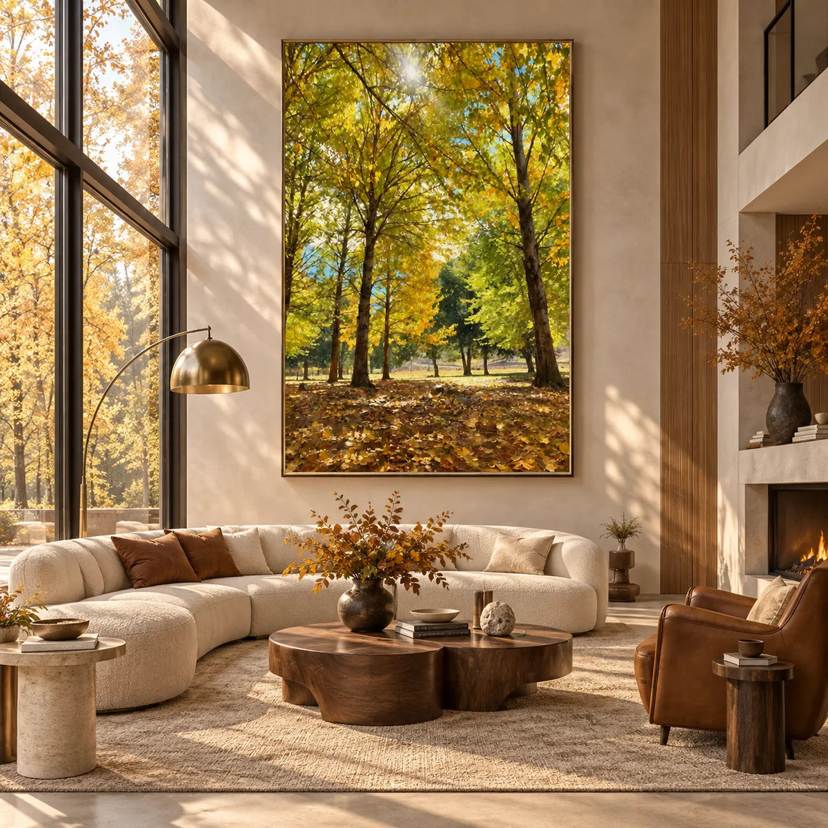Ownanart Original 100% Hand-Painted Autumn Forest Oil Painting, Golden Sunlight Woodland Landscape Canvas Wall Art for Living Room & Bedroom Decor