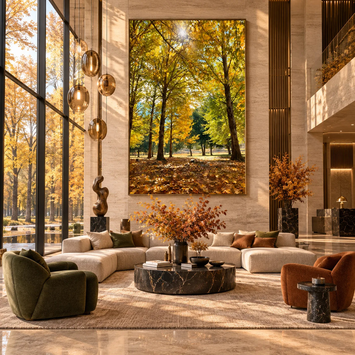 Ownanart Original 100% Hand-Painted Autumn Forest Oil Painting, Golden Sunlight Woodland Landscape Canvas Wall Art for Living Room & Bedroom Decor
