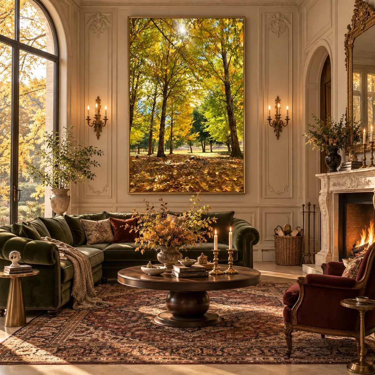 Ownanart Original 100% Hand-Painted Autumn Forest Oil Painting, Golden Sunlight Woodland Landscape Canvas Wall Art for Living Room & Bedroom Decor