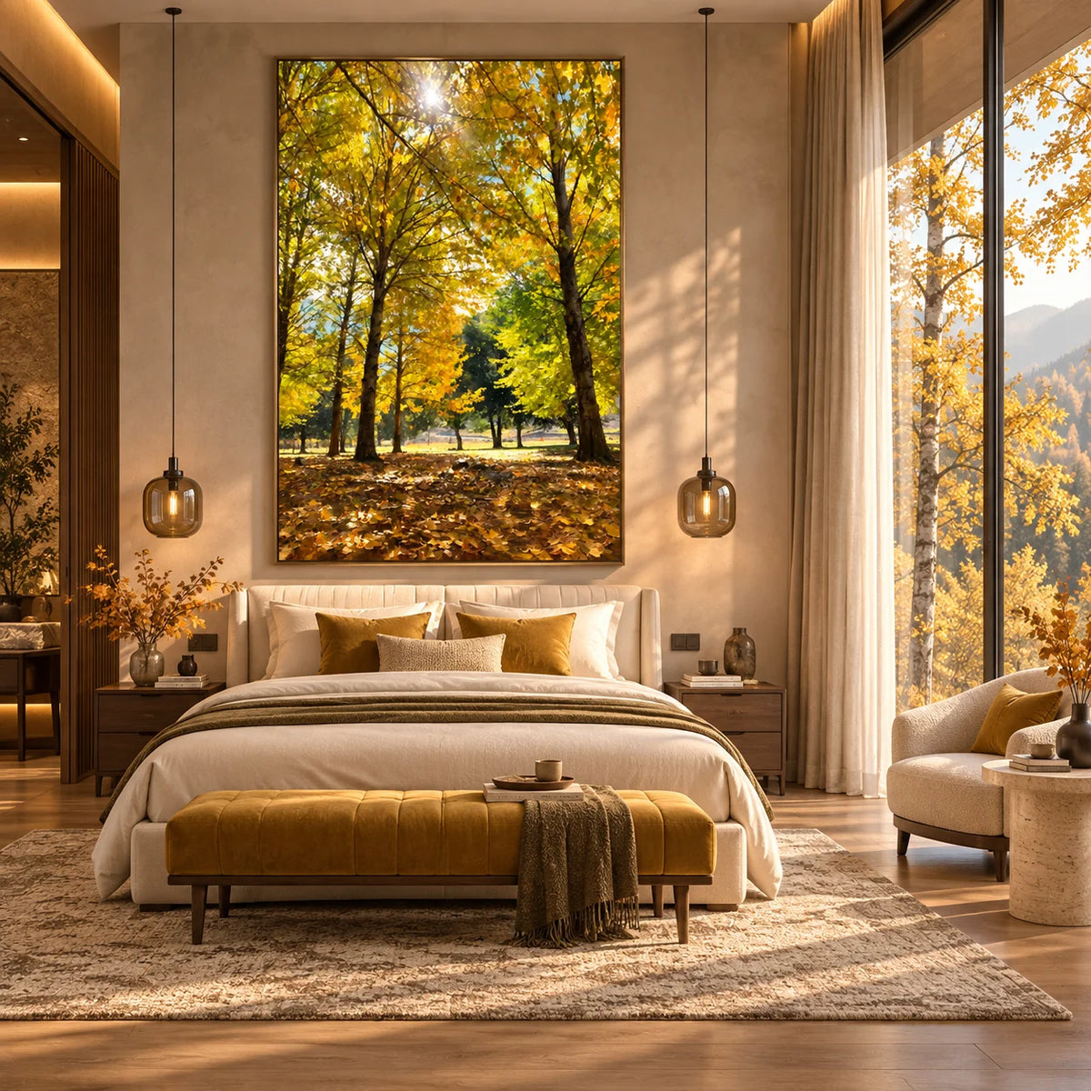 Ownanart Original 100% Hand-Painted Autumn Forest Oil Painting, Golden Sunlight Woodland Landscape Canvas Wall Art for Living Room & Bedroom Decor