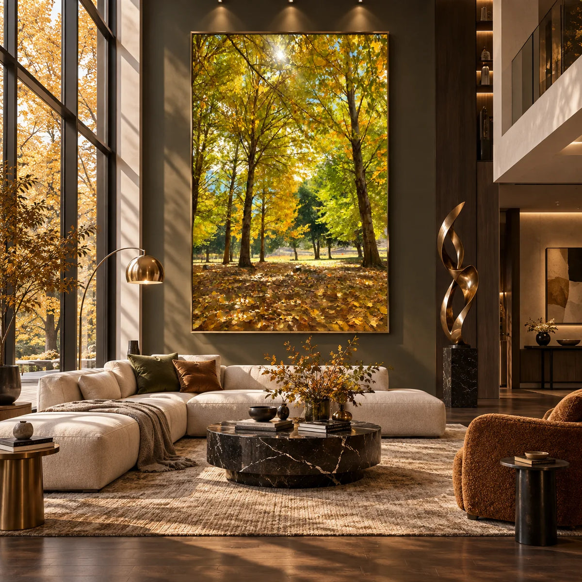 Ownanart Original 100% Hand-Painted Autumn Forest Oil Painting, Golden Sunlight Woodland Landscape Canvas Wall Art for Living Room & Bedroom Decor