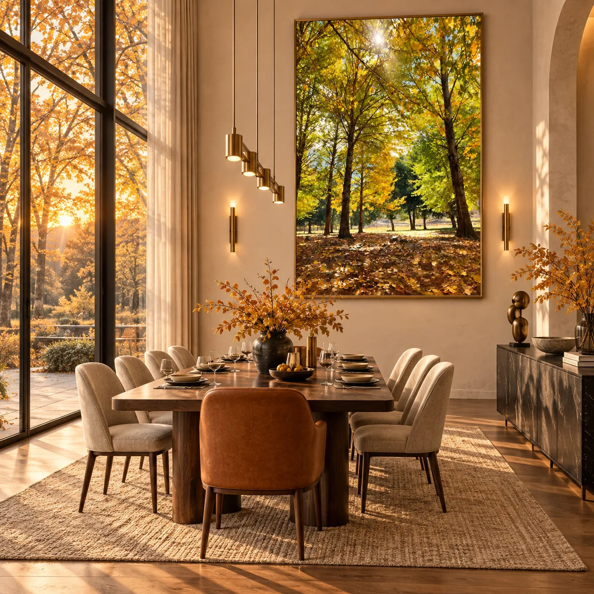 Ownanart Original 100% Hand-Painted Autumn Forest Oil Painting, Golden Sunlight Woodland Landscape Canvas Wall Art for Living Room & Bedroom Decor
