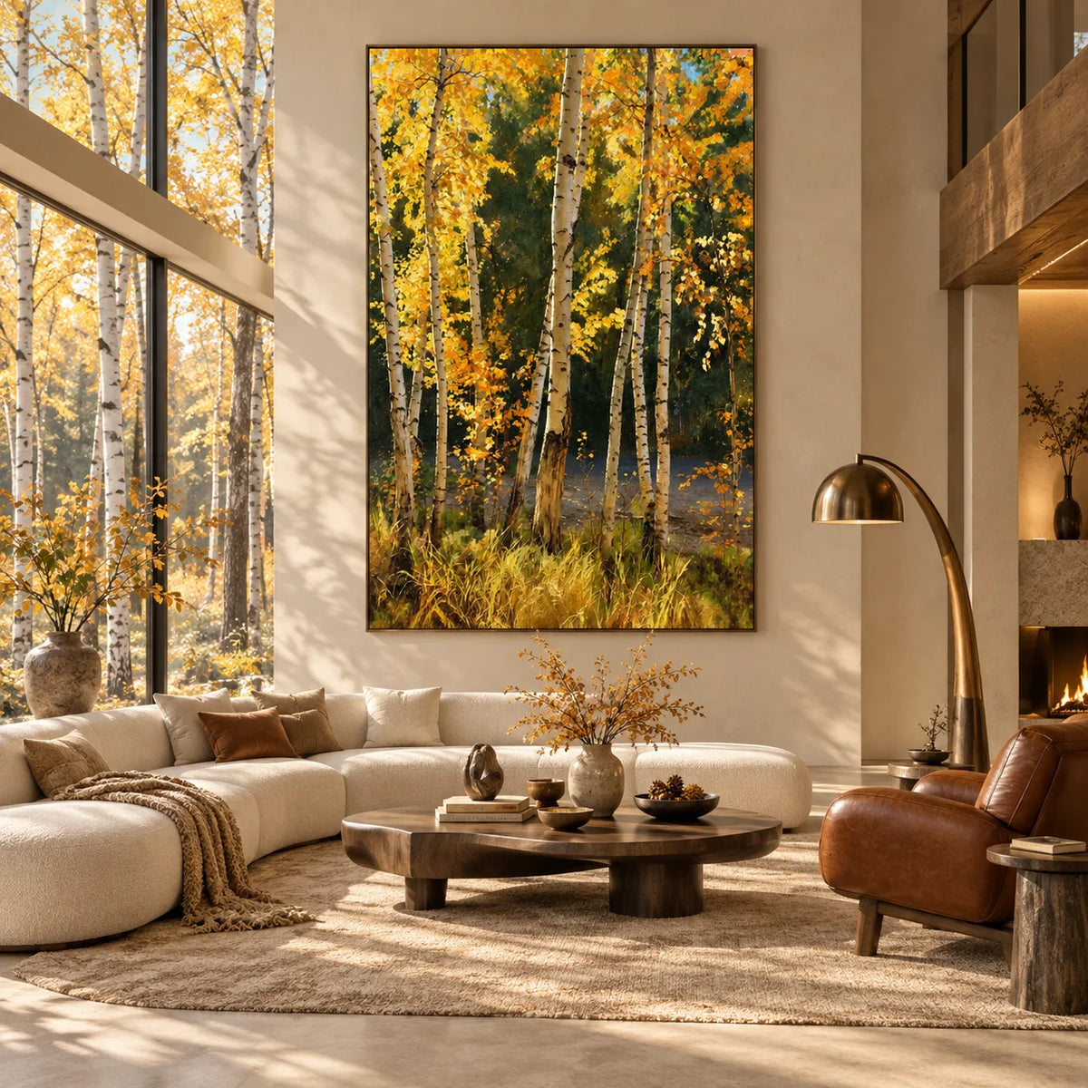 Ownanart Original 100% Hand-Painted Golden Autumn Birch Forest Oil Painting, Yellow Fall Trees Woodland Landscape Canvas Wall Art for Living Room & Bedroom Decor