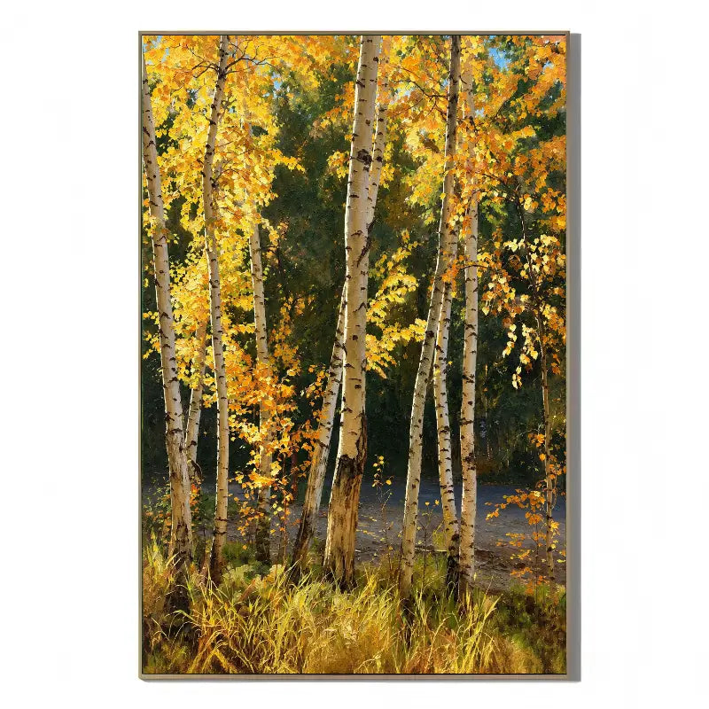 Ownanart Original 100% Hand-Painted Golden Autumn Birch Forest Oil Painting, Yellow Fall Trees Woodland Landscape Canvas Wall Art for Living Room & Bedroom Decor # OA  1389