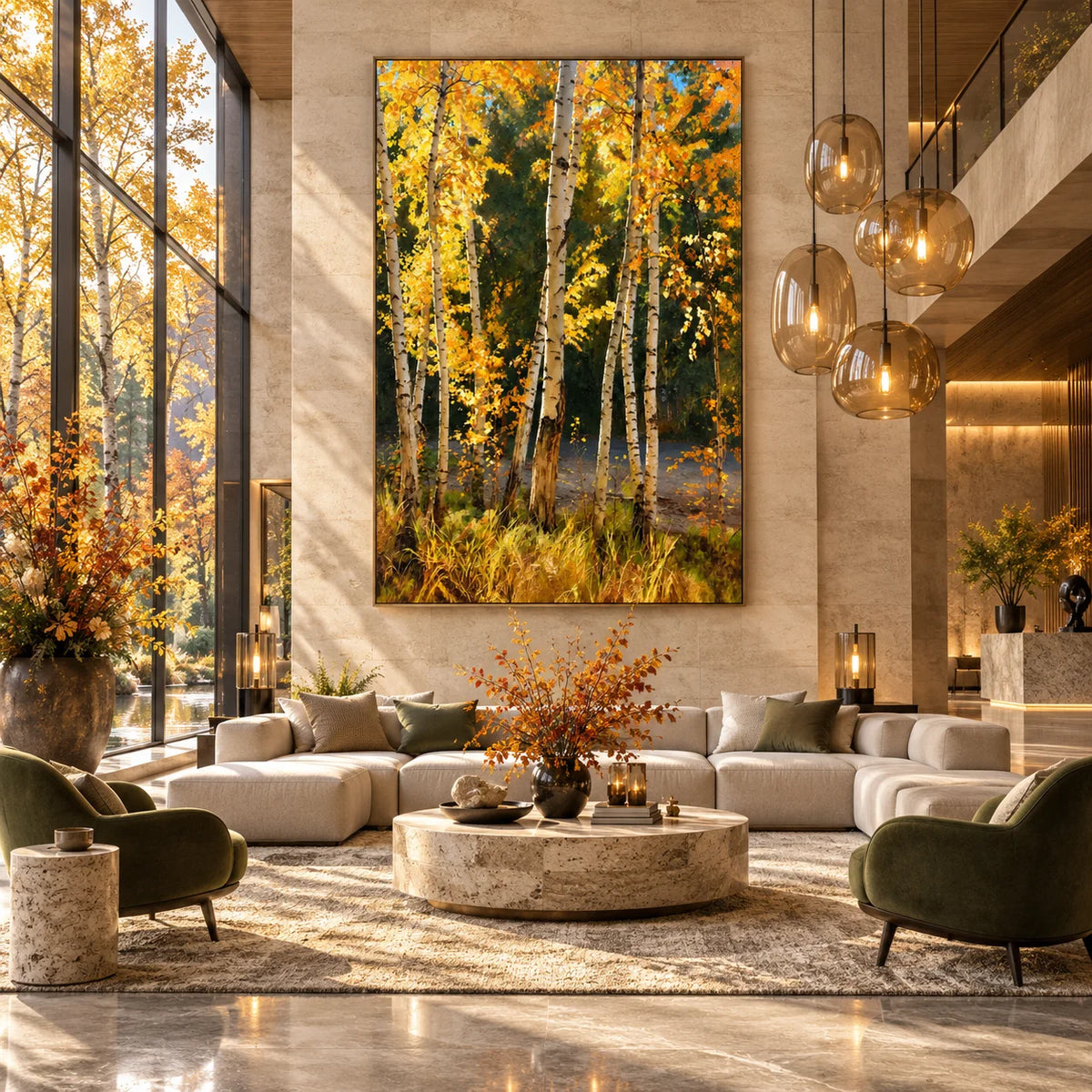 Ownanart Original 100% Hand-Painted Golden Autumn Birch Forest Oil Painting, Yellow Fall Trees Woodland Landscape Canvas Wall Art for Living Room & Bedroom Decor