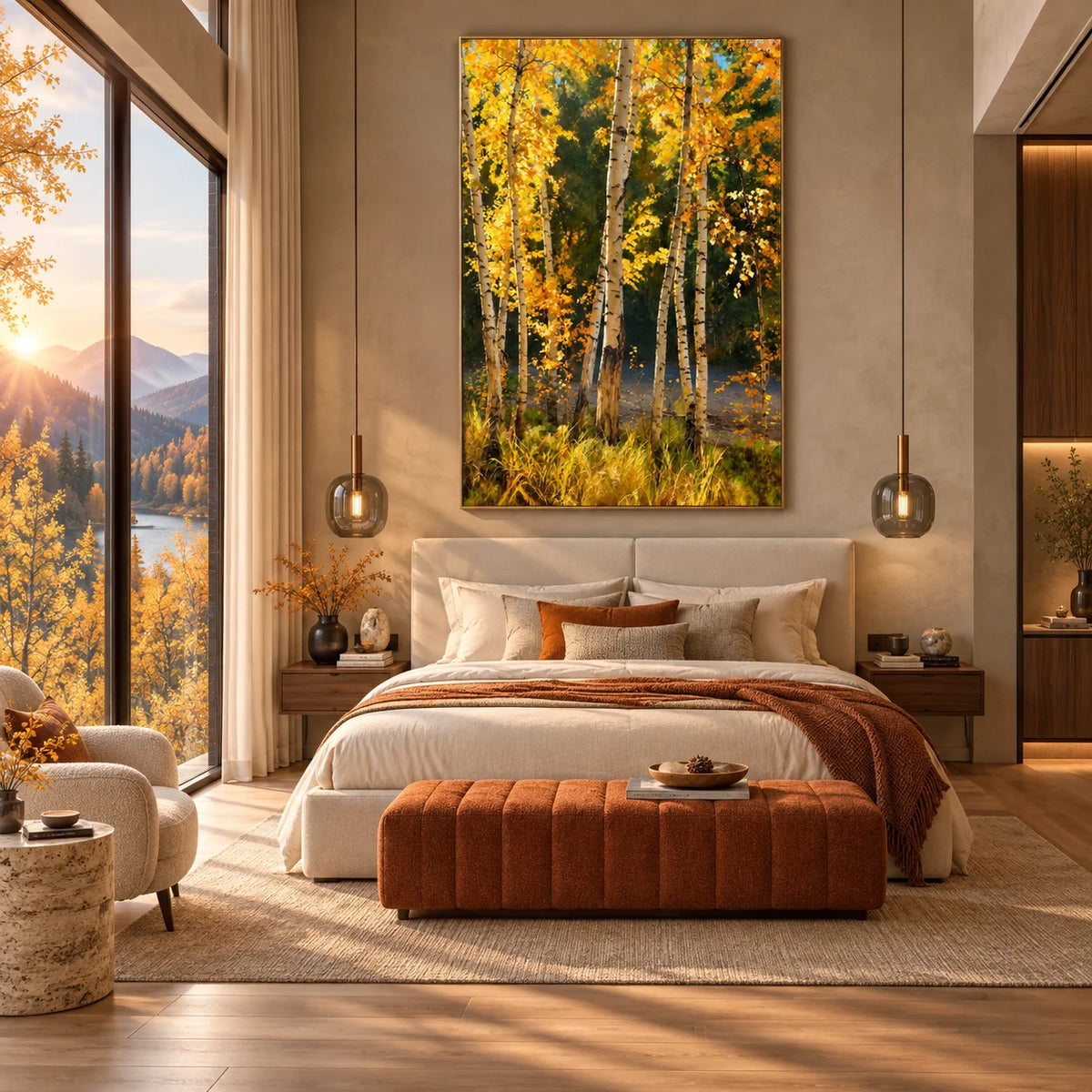 Ownanart Original 100% Hand-Painted Golden Autumn Birch Forest Oil Painting, Yellow Fall Trees Woodland Landscape Canvas Wall Art for Living Room & Bedroom Decor