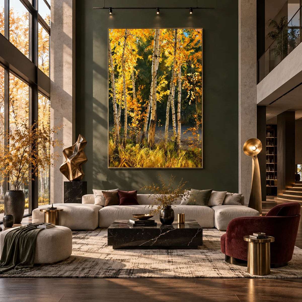 Ownanart Original 100% Hand-Painted Golden Autumn Birch Forest Oil Painting, Yellow Fall Trees Woodland Landscape Canvas Wall Art for Living Room & Bedroom Decor