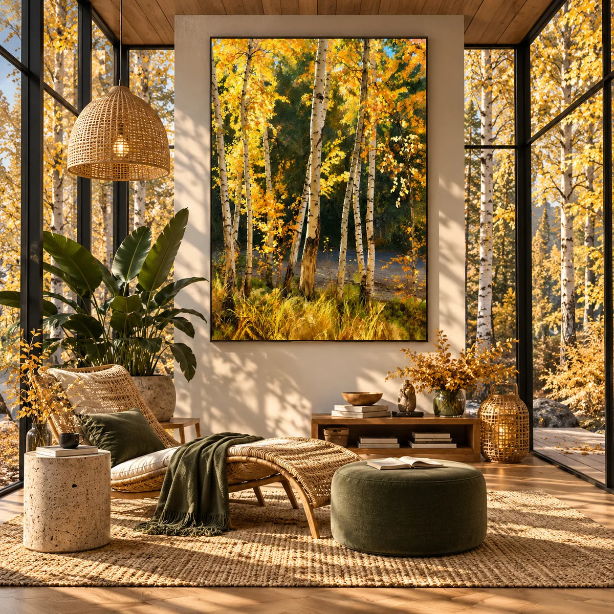 Ownanart Original 100% Hand-Painted Golden Autumn Birch Forest Oil Painting, Yellow Fall Trees Woodland Landscape Canvas Wall Art for Living Room & Bedroom Decor