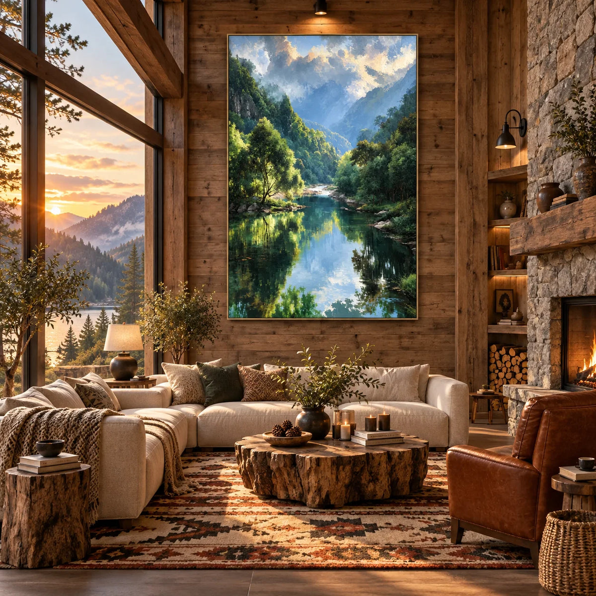 Ownanart Original 100% Hand-Painted Mountain Valley Forest Lake Oil Painting, Misty Mountains Green Trees Reflection Landscape Canvas Wall Art for Living Room & Bedroom Decor # OA  1388