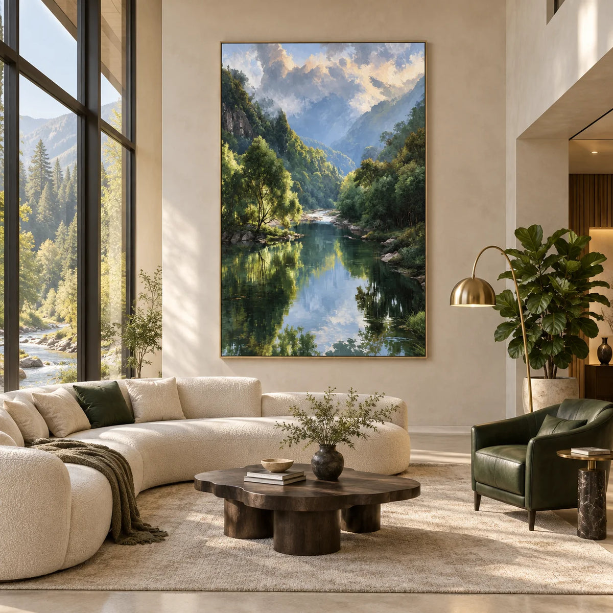 Ownanart Original 100% Hand-Painted Mountain Valley Forest Lake Oil Painting, Misty Mountains Green Trees Reflection Landscape Canvas Wall Art for Living Room & Bedroom Decor