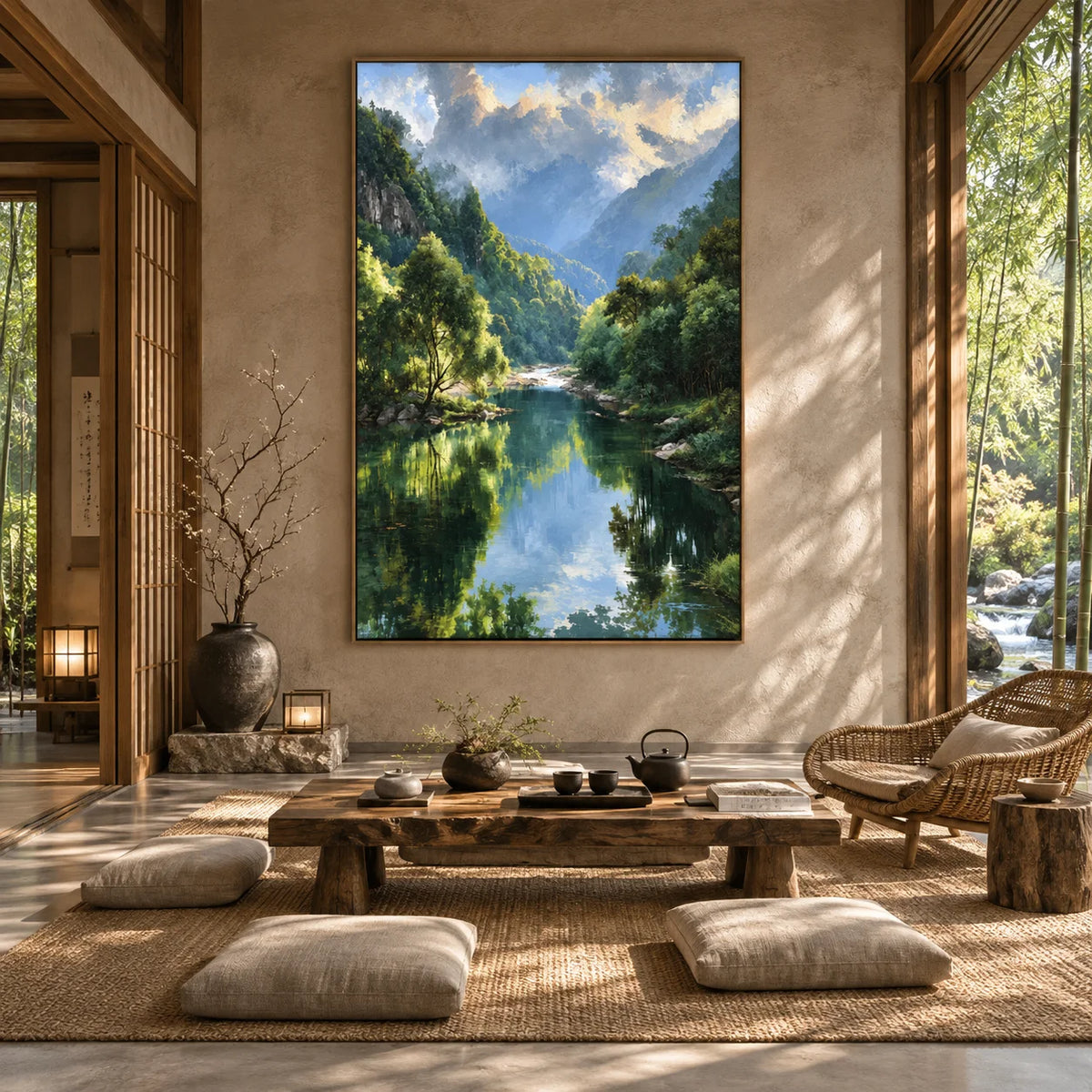 Ownanart Original 100% Hand-Painted Mountain Valley Forest Lake Oil Painting, Misty Mountains Green Trees Reflection Landscape Canvas Wall Art for Living Room & Bedroom Decor