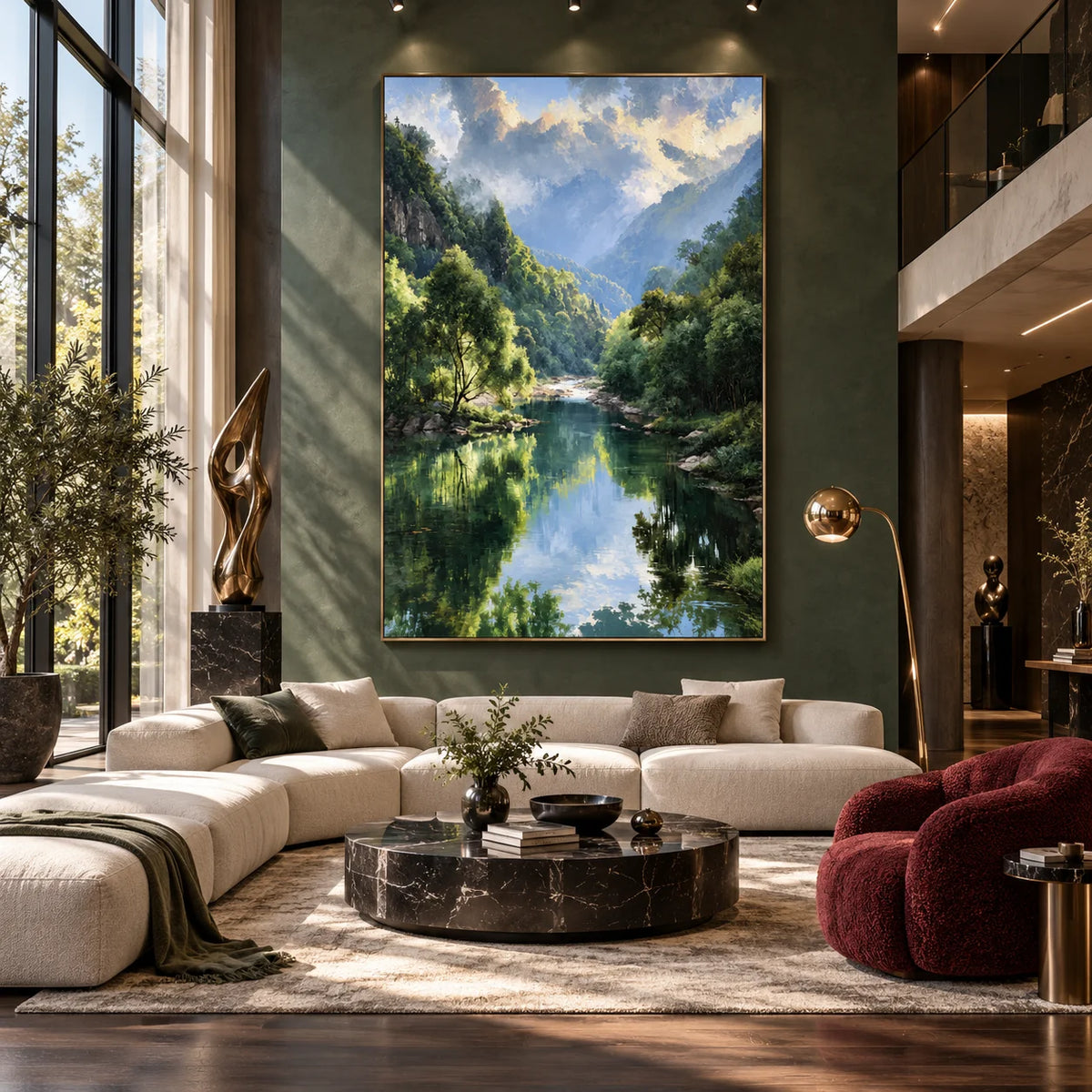 Ownanart Original 100% Hand-Painted Mountain Valley Forest Lake Oil Painting, Misty Mountains Green Trees Reflection Landscape Canvas Wall Art for Living Room & Bedroom Decor