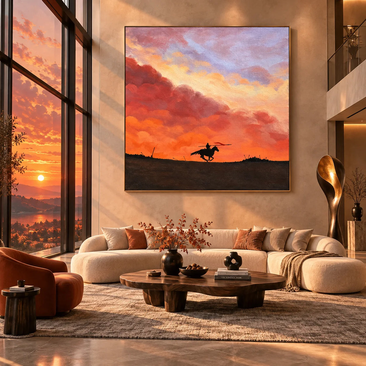 Ownanart Original 100% Hand-Painted Sunset Horse Rider Oil Painting, Galloping Horse Silhouette Equestrian Western Landscape Canvas Wall Art for Living Room & Bedroom Decor