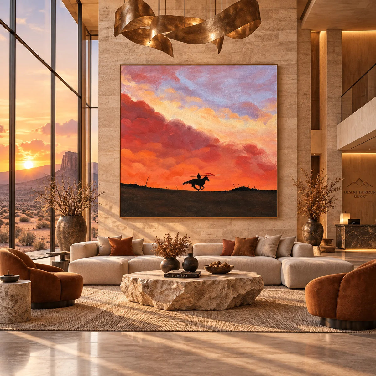 Ownanart Original 100% Hand-Painted Sunset Horse Rider Oil Painting, Galloping Horse Silhouette Equestrian Western Landscape Canvas Wall Art for Living Room & Bedroom Decor