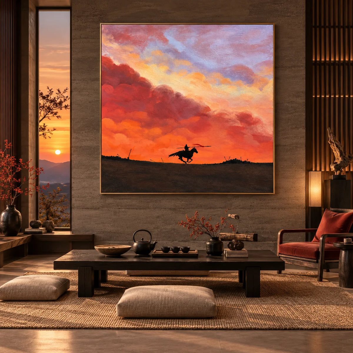 Ownanart Original 100% Hand-Painted Sunset Horse Rider Oil Painting, Galloping Horse Silhouette Equestrian Western Landscape Canvas Wall Art for Living Room & Bedroom Decor