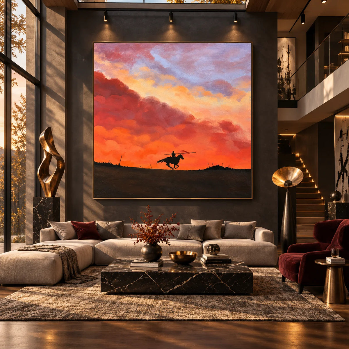 Ownanart Original 100% Hand-Painted Sunset Horse Rider Oil Painting, Galloping Horse Silhouette Equestrian Western Landscape Canvas Wall Art for Living Room & Bedroom Decor