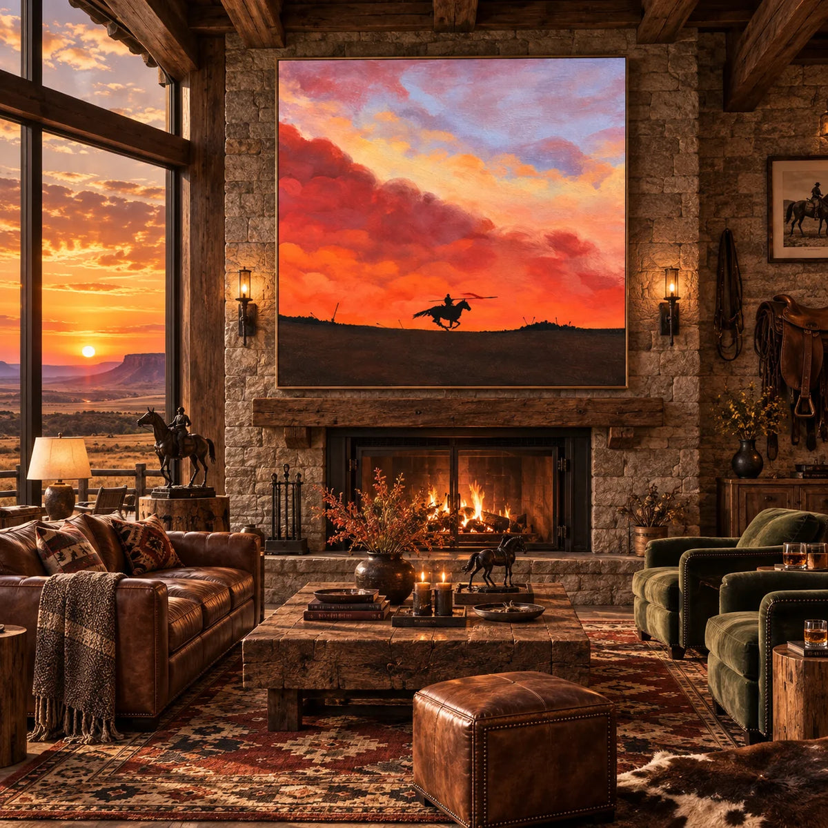 Ownanart Original 100% Hand-Painted Sunset Horse Rider Oil Painting, Galloping Horse Silhouette Equestrian Western Landscape Canvas Wall Art for Living Room & Bedroom Decor