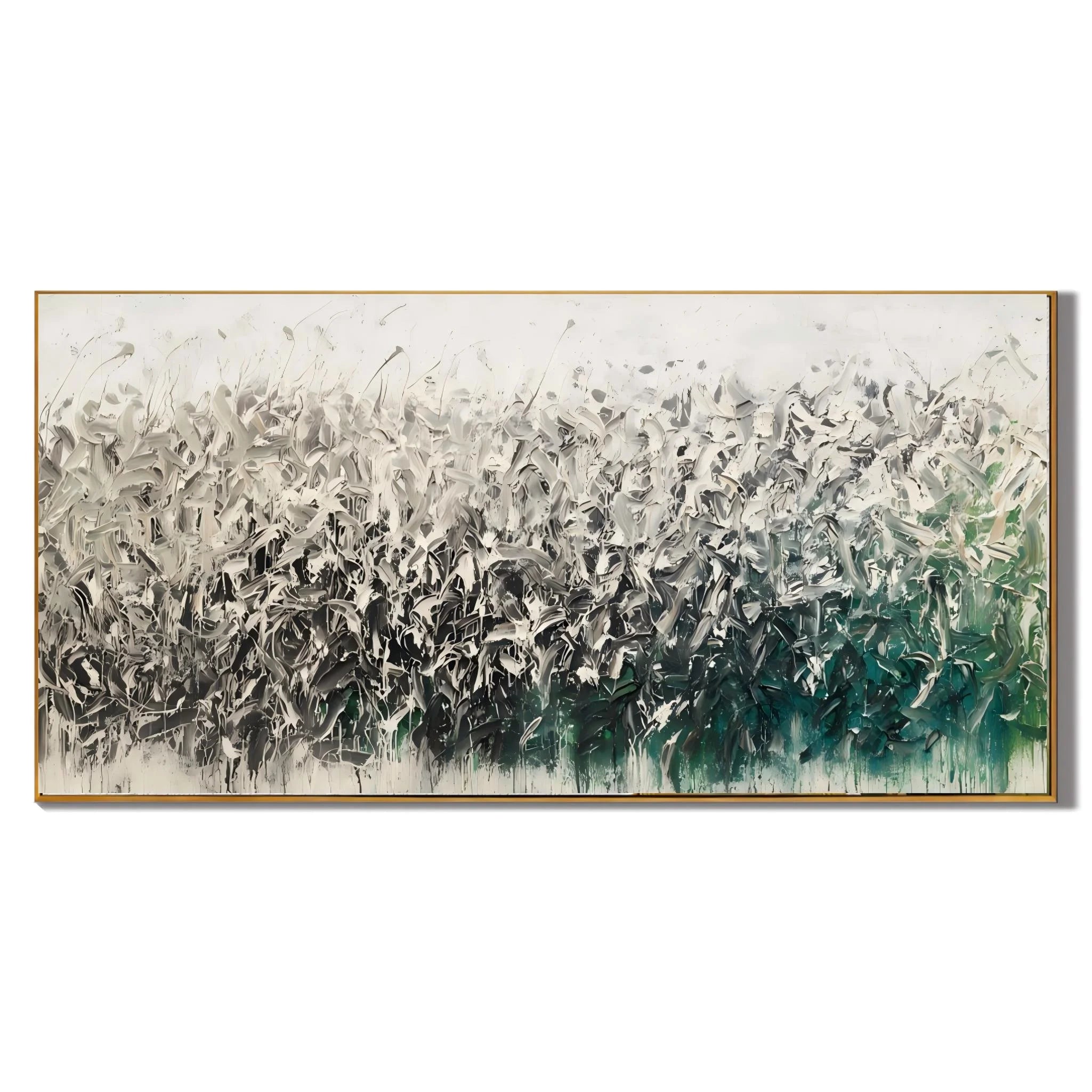 Ownanart Original Hand-Painted Abstract Floral Meadow Oil Painting, Large Horizontal White Gray and Emerald Green Textured Canvas Wall Art for Modern Living Room Decor # OA 1231