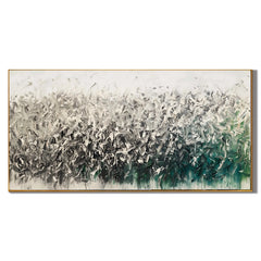 Ownanart Original Hand-Painted Abstract Floral Meadow Oil Painting, Large Horizontal White Gray and Emerald Green Textured Canvas Wall Art for Modern Living Room Decor # OA 1231