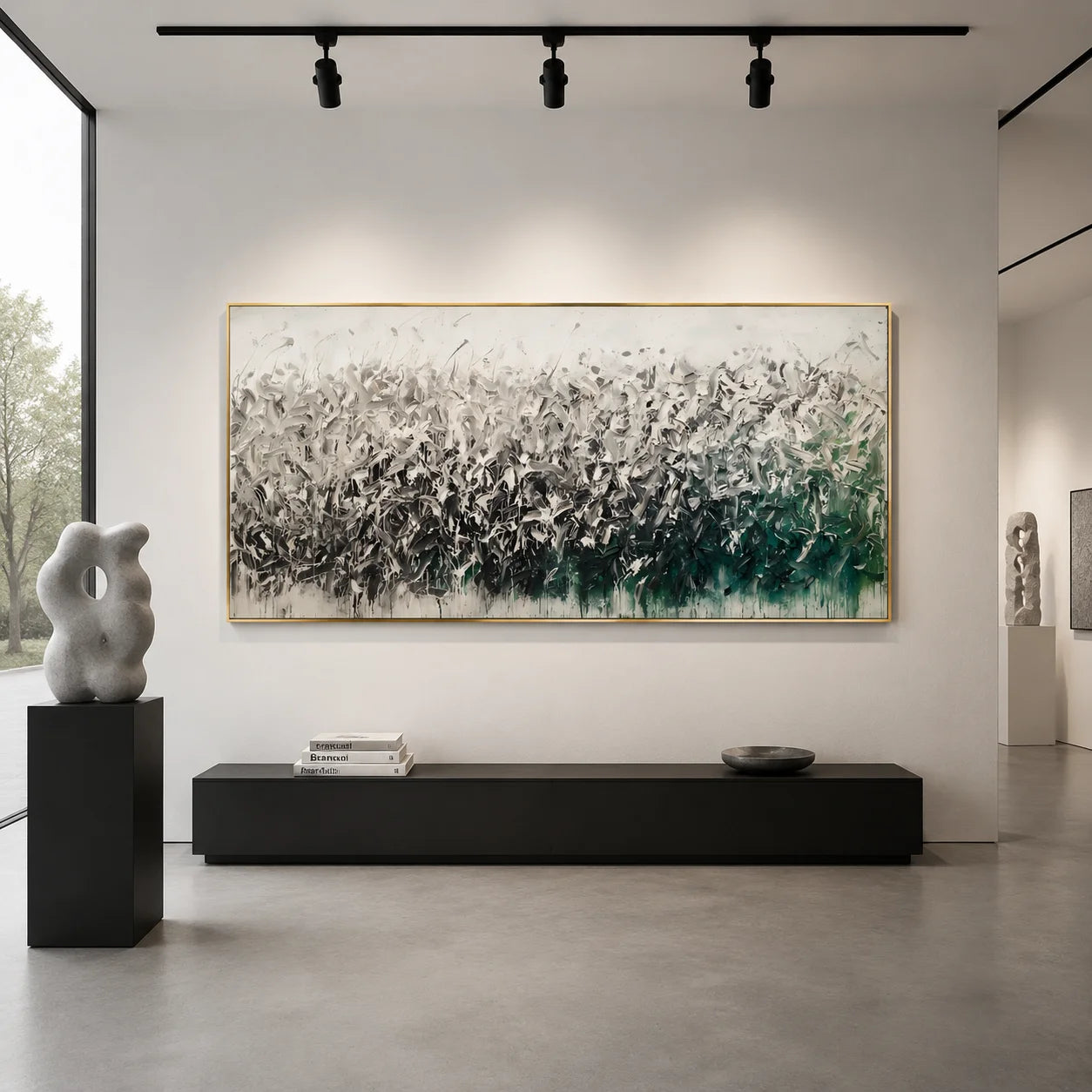 Ownanart Original Hand-Painted Abstract Floral Meadow Oil Painting, Large Horizontal White Gray and Emerald Green Textured Canvas Wall Art for Modern Living Room Decor # OA 1231