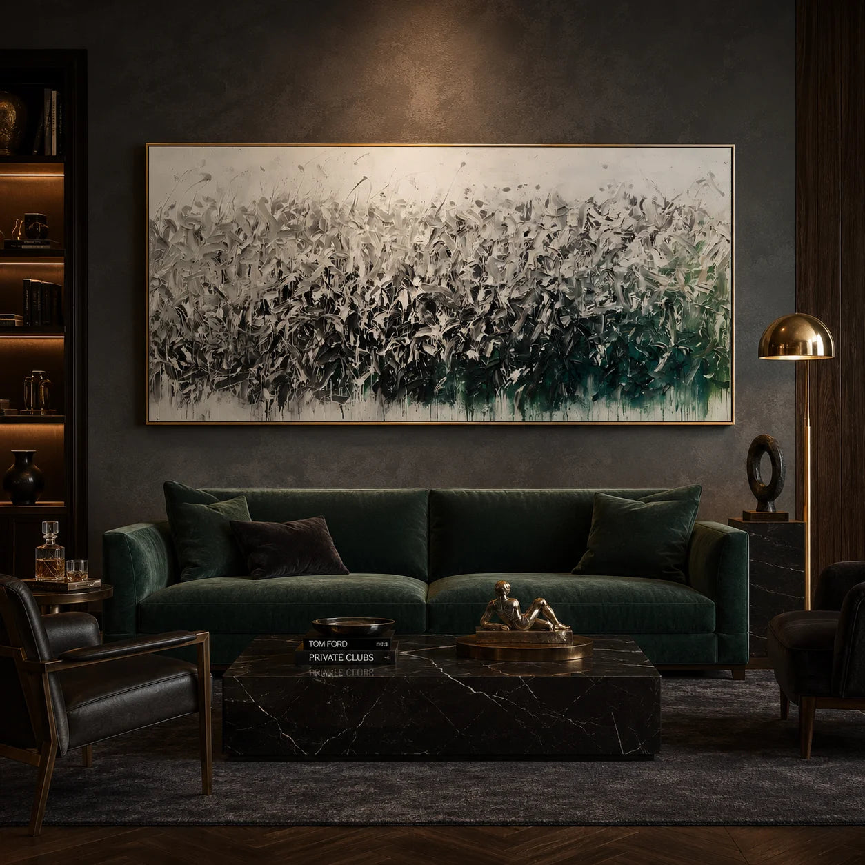 Ownanart Original Hand-Painted Abstract Floral Meadow Oil Painting, Large Horizontal White Gray and Emerald Green Textured Canvas Wall Art for Modern Living Room Decor # OA 1231