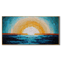 Ownanart Original Hand-Painted Abstract Ocean Sunrise Oil Painting, Large Horizontal Blue and Gold Textured Impasto Canvas Wall Art for Modern Living Room and Coastal Home Decor # OA 1237