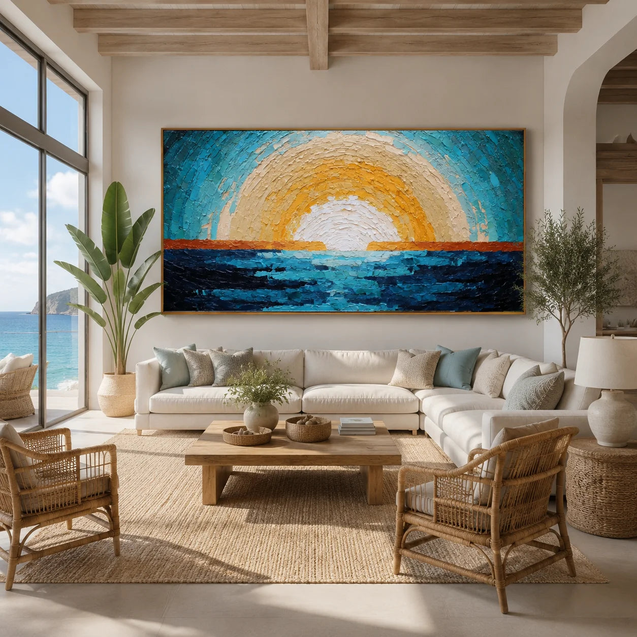 Ownanart Original Hand-Painted Abstract Ocean Sunrise Oil Painting, Large Horizontal Blue and Gold Textured Impasto Canvas Wall Art for Modern Living Room and Coastal Home Decor # OA 1237